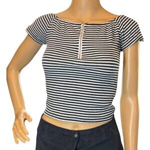 (6 for $25)Charlotte Russe Quarter Zip Ribbed Boatneck Tee in Black/White Stripe